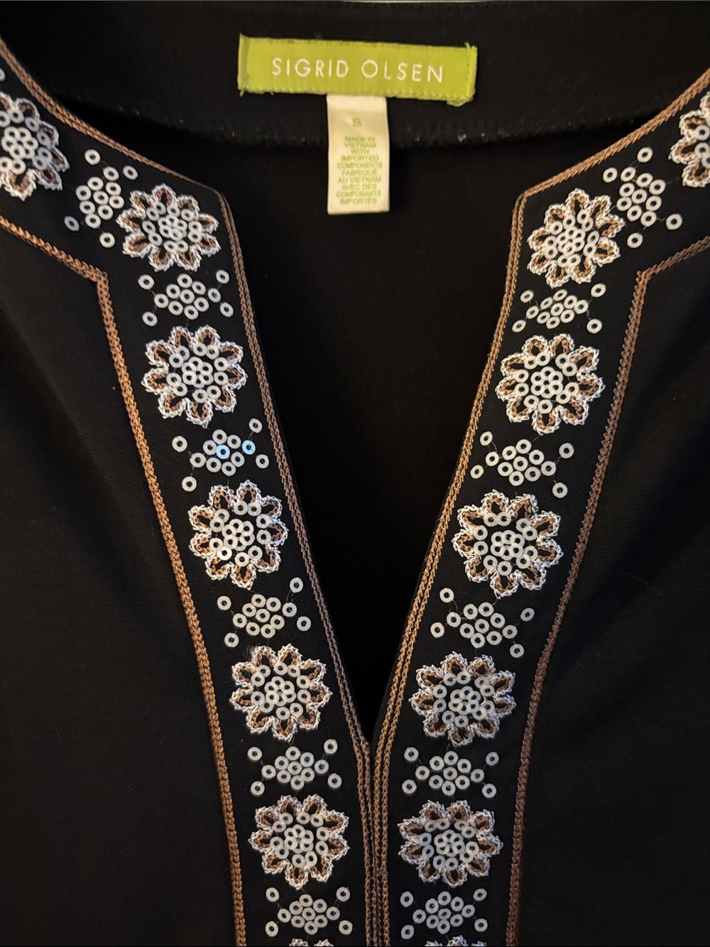 Sigrid Olsen Black Embroidered Trim Long Sleeve Dress - Picture 2 of 2